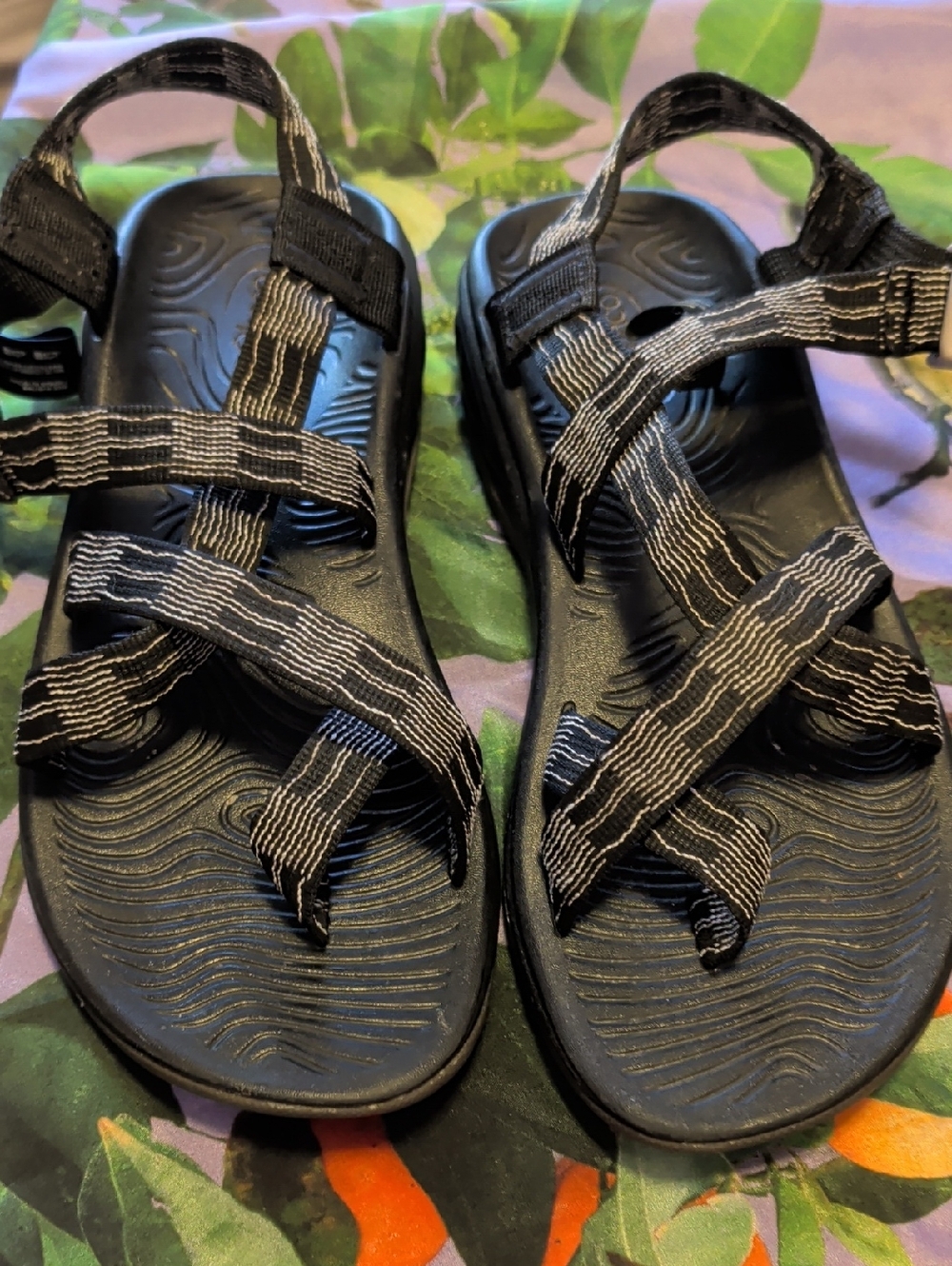 Chaco Women's Black Sandals with White-Striped Webbing